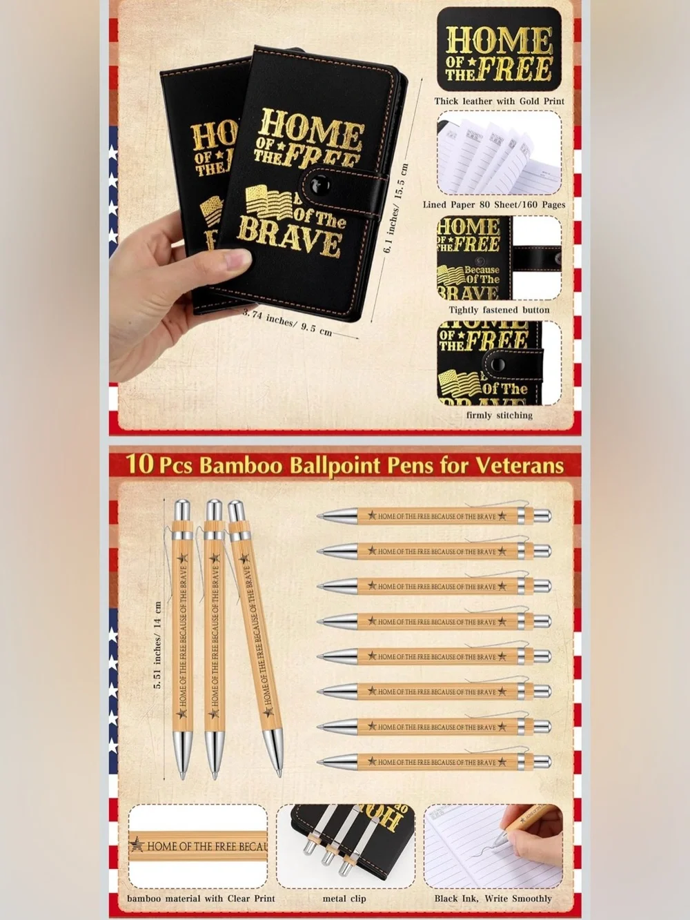 Black 'Home of the Brave' Leatherette Notebook with Pen